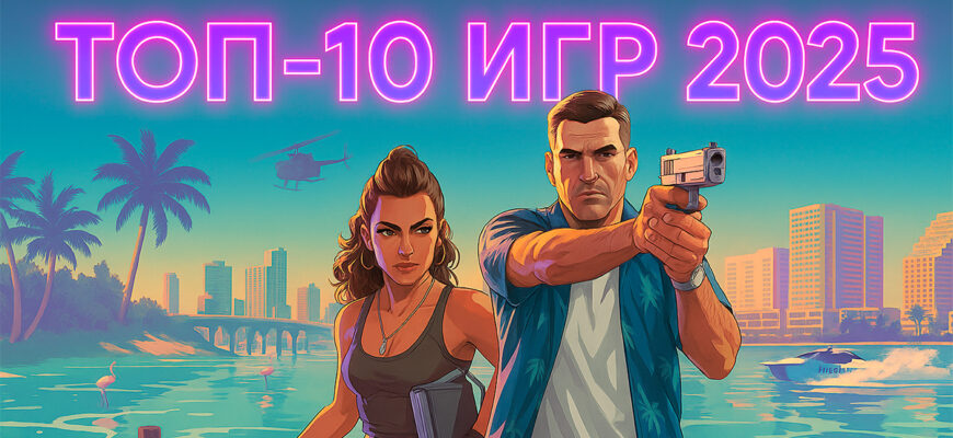 ТОП-10 игр 2025 года - обложка с персонажами GTA VI на фоне города