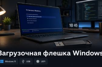 Загрузочная флешка Windows рядом с ноутбуком и экраном установки Windows 11