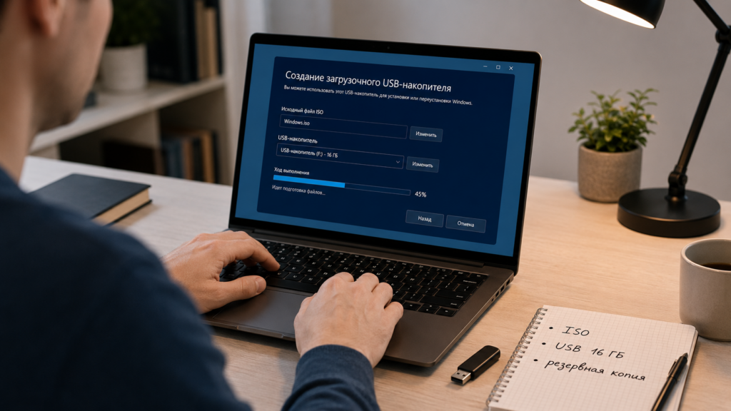 Пользователь создает загрузочную флешку Windows 11 на ноутбуке
