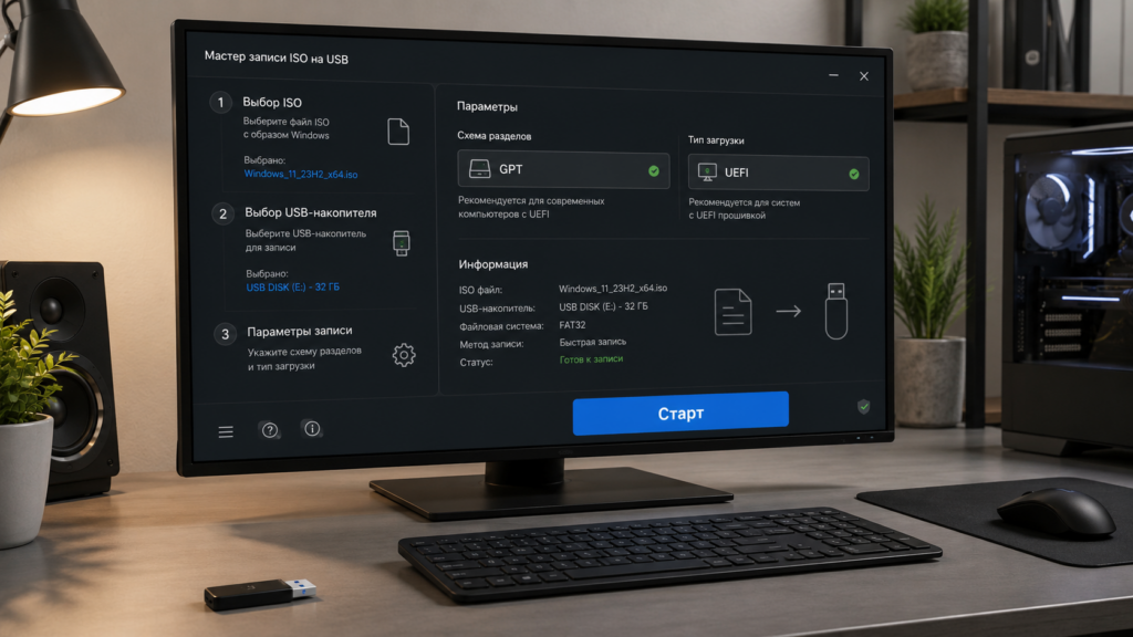 Окно программы для записи ISO Windows на USB-флешку с настройками GPT и UEFI