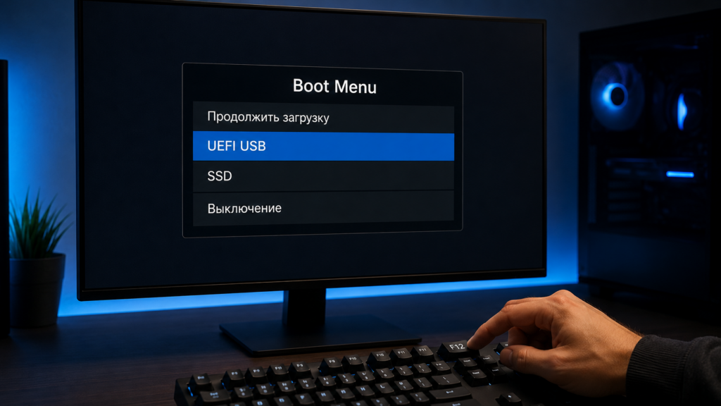 Boot Menu компьютера с выбором UEFI USB для установки Windows