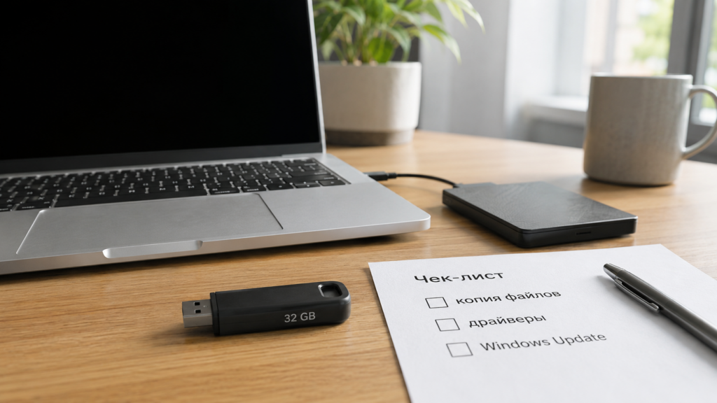 USB-флешка 32 ГБ и ноутбук перед чистой установкой Windows