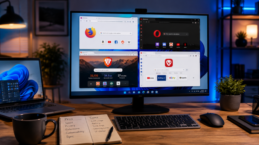 На экране компьютера открыты Firefox, Opera, Brave и Vivaldi, рядом лежат заметки с плюсами и минусами браузеров, рабочее место для выбора лучшего браузера для Windows в 2026 году.