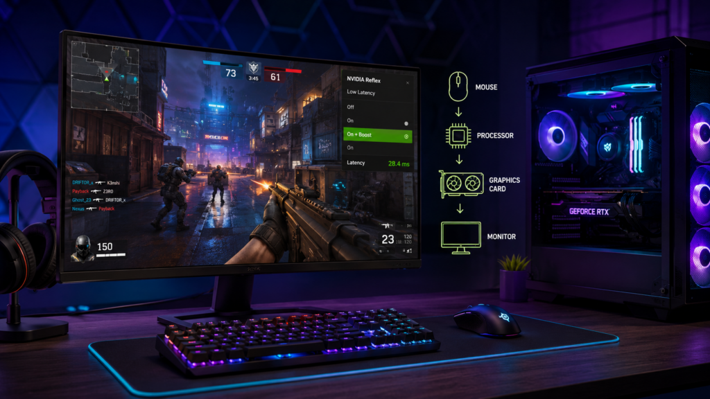 Nvidia Reflex Low Latency в онлайн-шутере со схемой задержки мышь процессор видеокарта монитор
