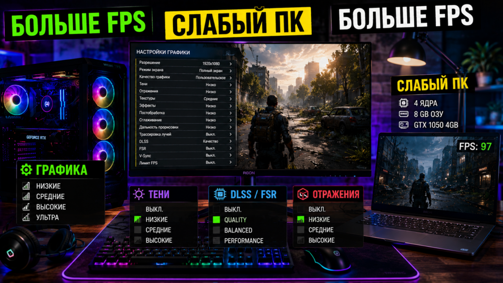 настройки графики в играх на слабом ПК для повышения FPS с тенями, DLSS, FSR и отражениями