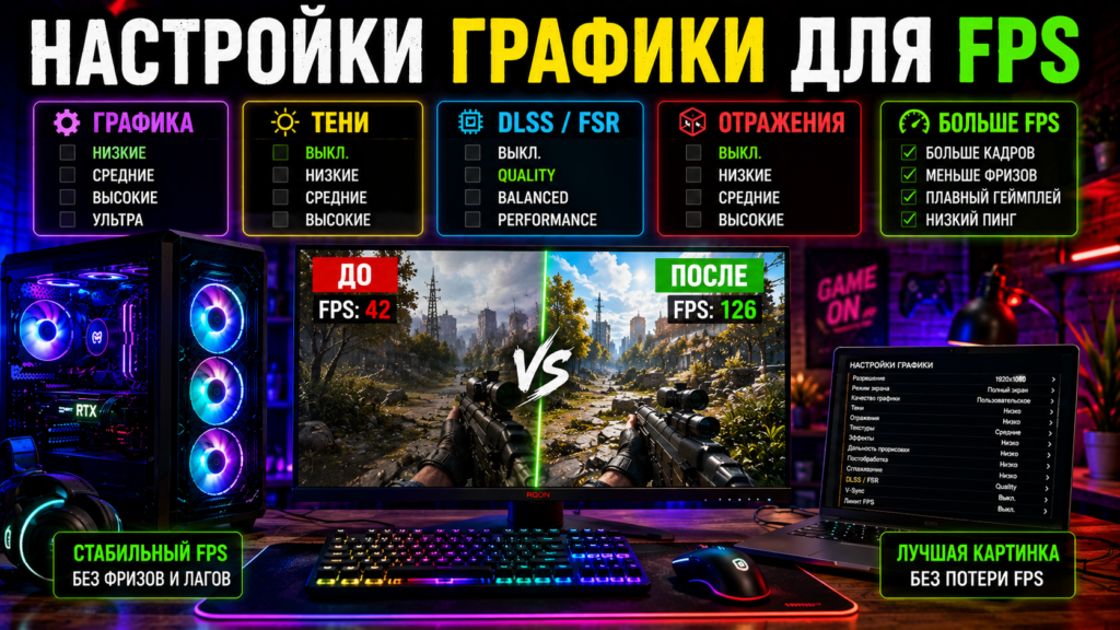 сравнение настроек графики в игре до и после для повышения FPS и уменьшения фризов