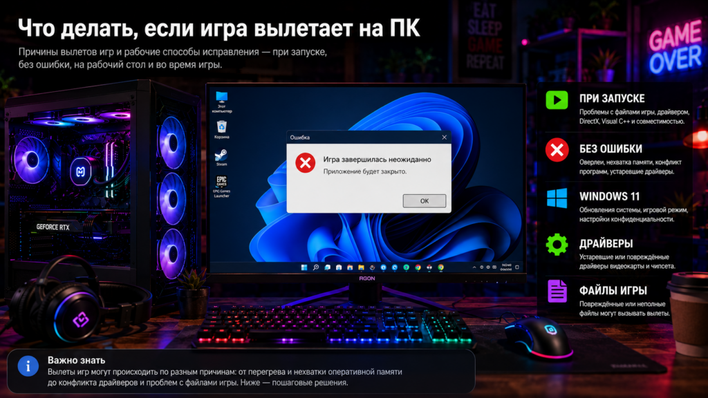 игра вылетает на ПК с ошибкой Windows 11 из-за драйверов, файлов игры или нехватки памяти