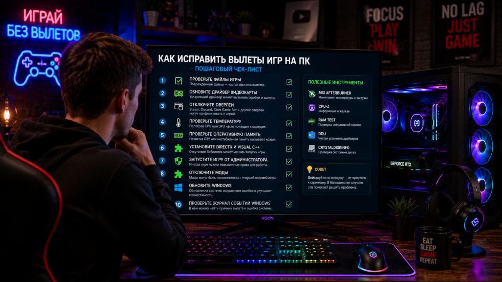чек-лист что делать если игра вылетает на ПК из-за драйверов, файлов игры, перегрева или Windows 11