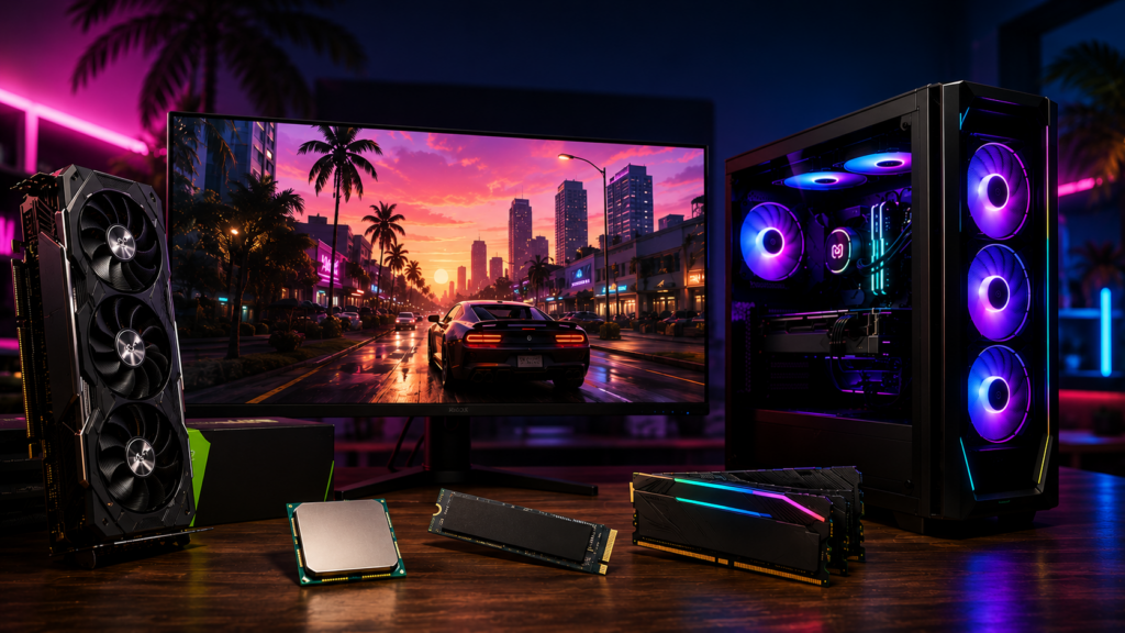 игровой ПК для GTA 6 с видеокартой RTX, SSD, процессором и оперативной памятью на фоне города в стиле Vice City