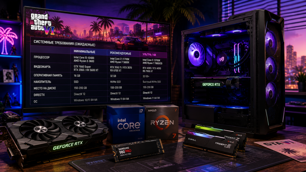 ожидаемые системные требования GTA 6 на ПК с видеокартой RTX, процессором, SSD и 32 ГБ ОЗУ