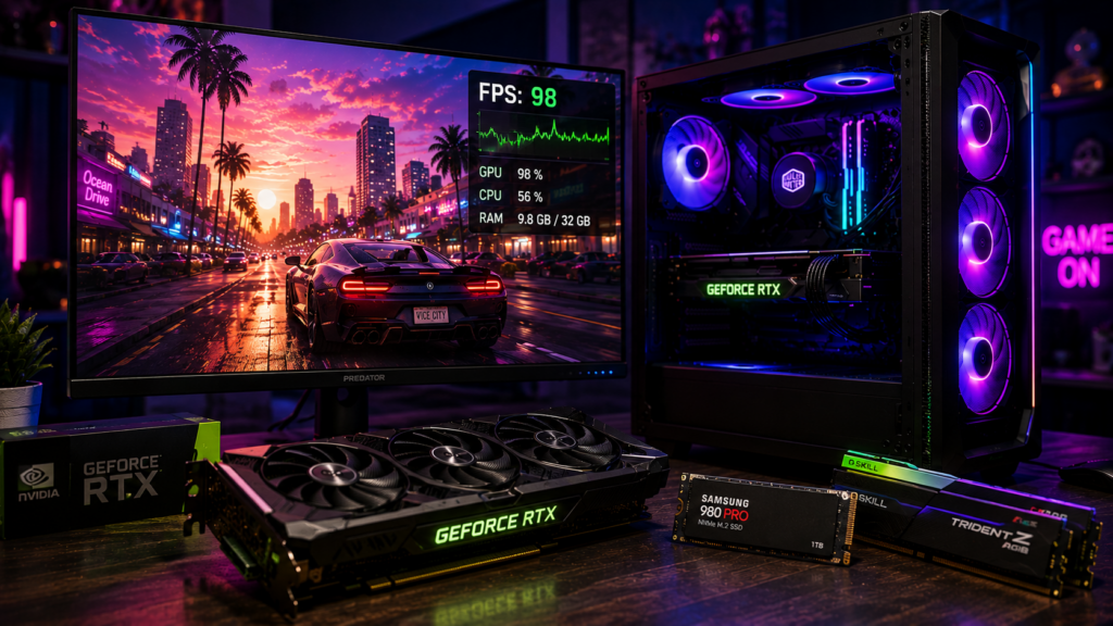 игровой ПК с видеокартой RTX, SSD и 32 ГБ ОЗУ для проверки FPS в GTA 6 на ПК