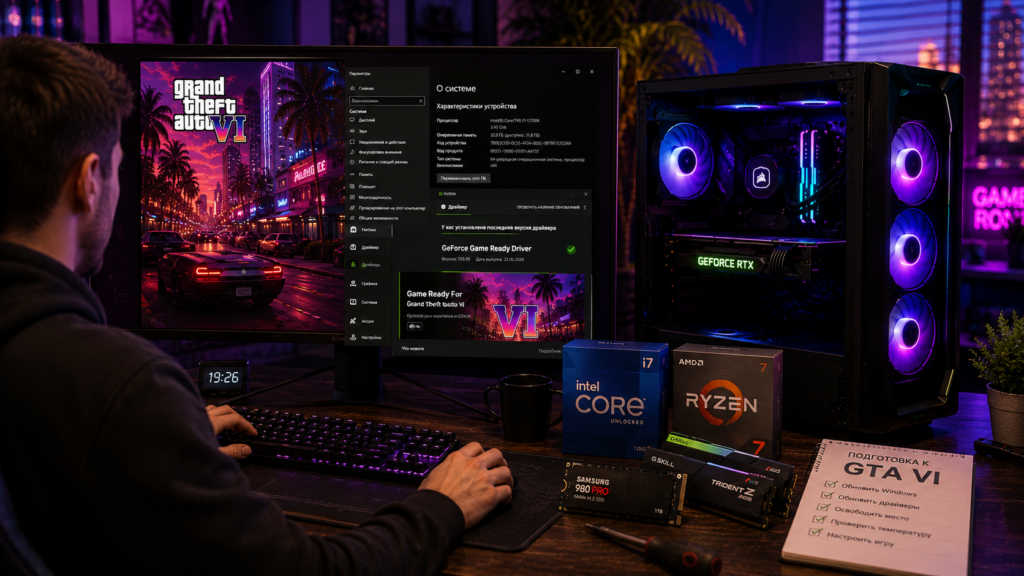 подготовка ПК к GTA 6 с обновлением Windows, драйвера Nvidia, проверкой SSD, ОЗУ и температуры
