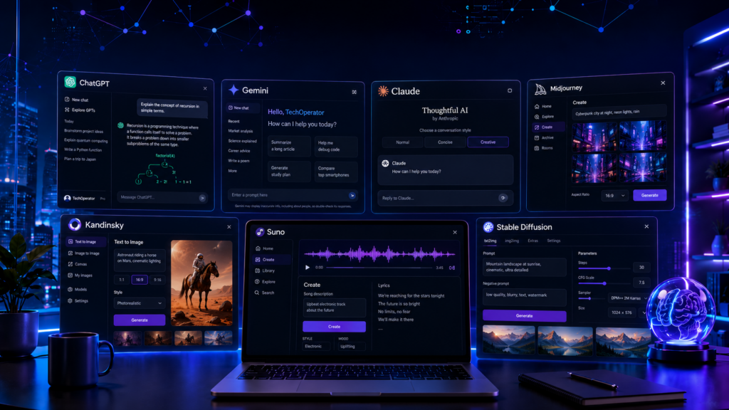 разные нейросети на экранах рабочего стола: ChatGPT, Gemini, Claude, Midjourney, Kandinsky, Suno и Stable Diffusion для текста, изображений и музыки