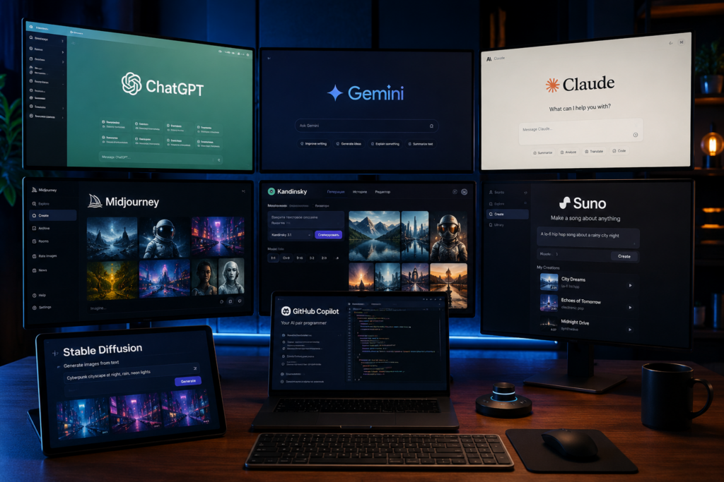 популярные нейросети 2026 года на экранах рабочего места: ChatGPT, Gemini, Claude, Midjourney, Kandinsky, Suno, Stable Diffusion и GitHub Copilot