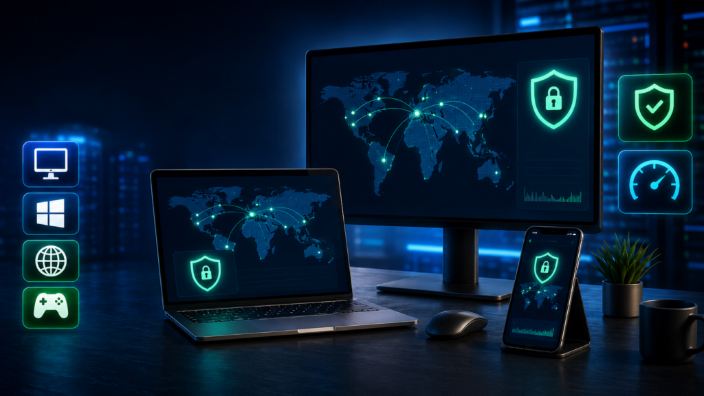 VPN на ПК, ноутбуке и смартфоне с картой серверов, значками защиты, Windows, браузером и игровым подключением