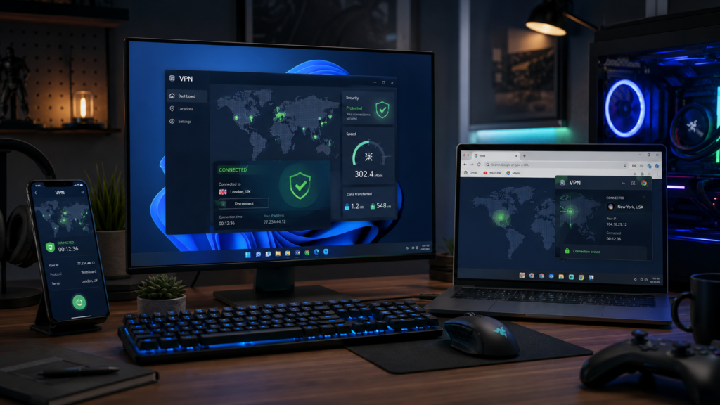 VPN-сервис на Windows 11, ноутбуке, браузере Chrome и смартфоне с картой серверов, защитой соединения, скоростью и игровым ПК