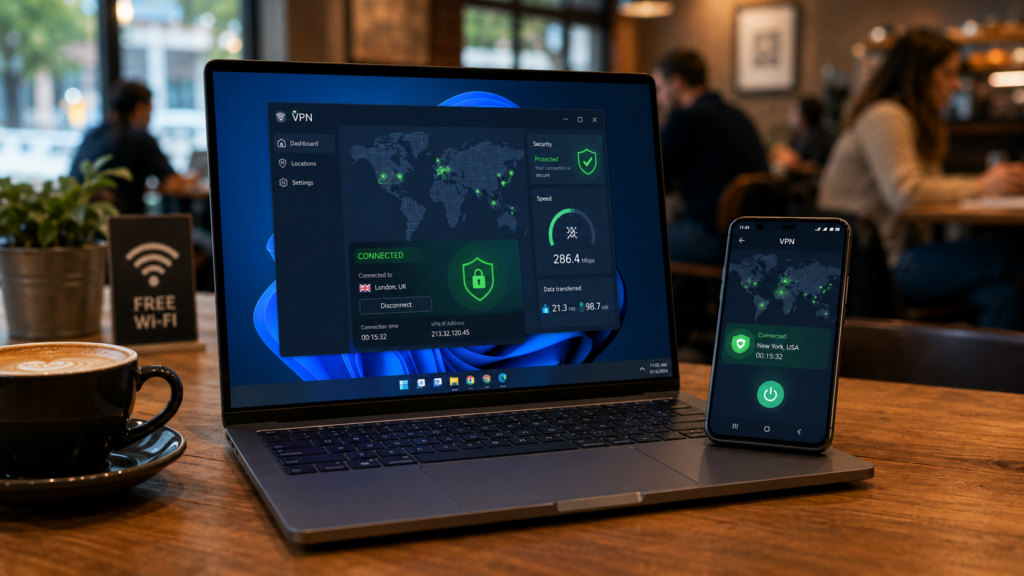 Смартфон и ноутбук с включенным VPN в кафе, на экранах карта серверов и значок защищенного соединения, безопасное подключение к публичной Wi‑Fi сети.