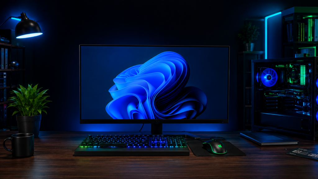 современный игровой ПК с Windows 11, RGB-подсветкой, монитором, клавиатурой и рабочим столом для установки полезных утилит, диагностики и оптимизации системы