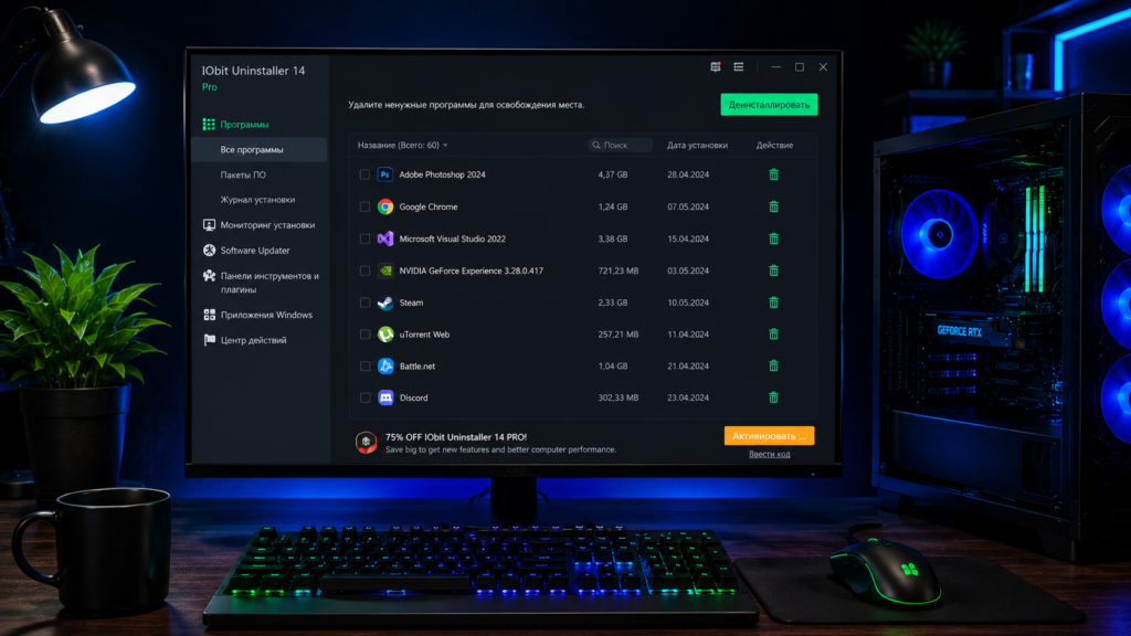 утилита для удаления программ на игровом ПК с Windows 11, список установленных приложений, очистка системы и освобождение места на диске