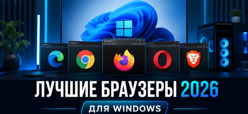 Лучшие браузеры для Windows в 2026 году - обложка статьи со сравнением популярных браузеров для ПК и ноутбука на Windows