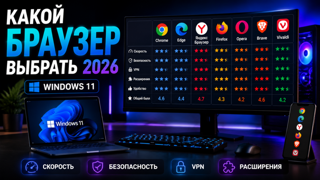 сравнение популярных браузеров для Windows 11 в 2026 году, Chrome, Edge, Яндекс Браузер, Firefox, Opera, Brave и Vivaldi по скорости, безопасности, VPN и расширениям