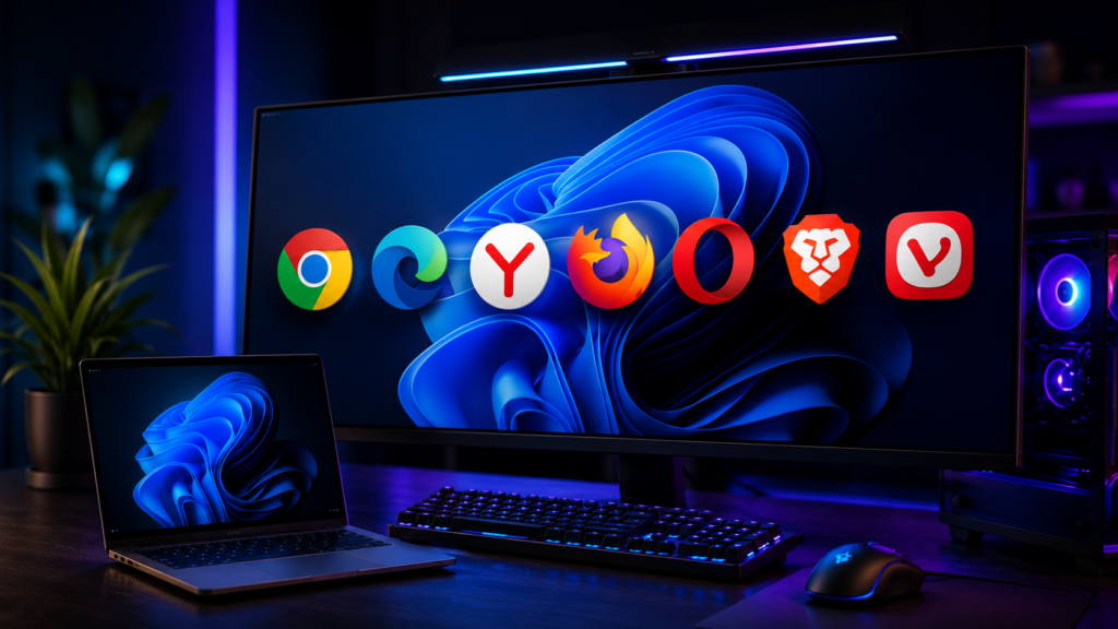 популярные браузеры для Windows 11 на экране игрового ПК и ноутбука, Chrome, Edge, Яндекс Браузер, Firefox, Opera, Brave и Vivaldi без текстовых подписей