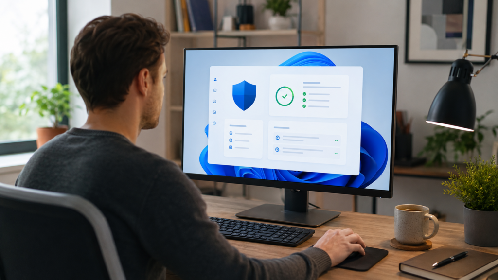 Пользователь проверяет встроенную защиту Windows 11 и настройки бесплатного антивируса на ПК