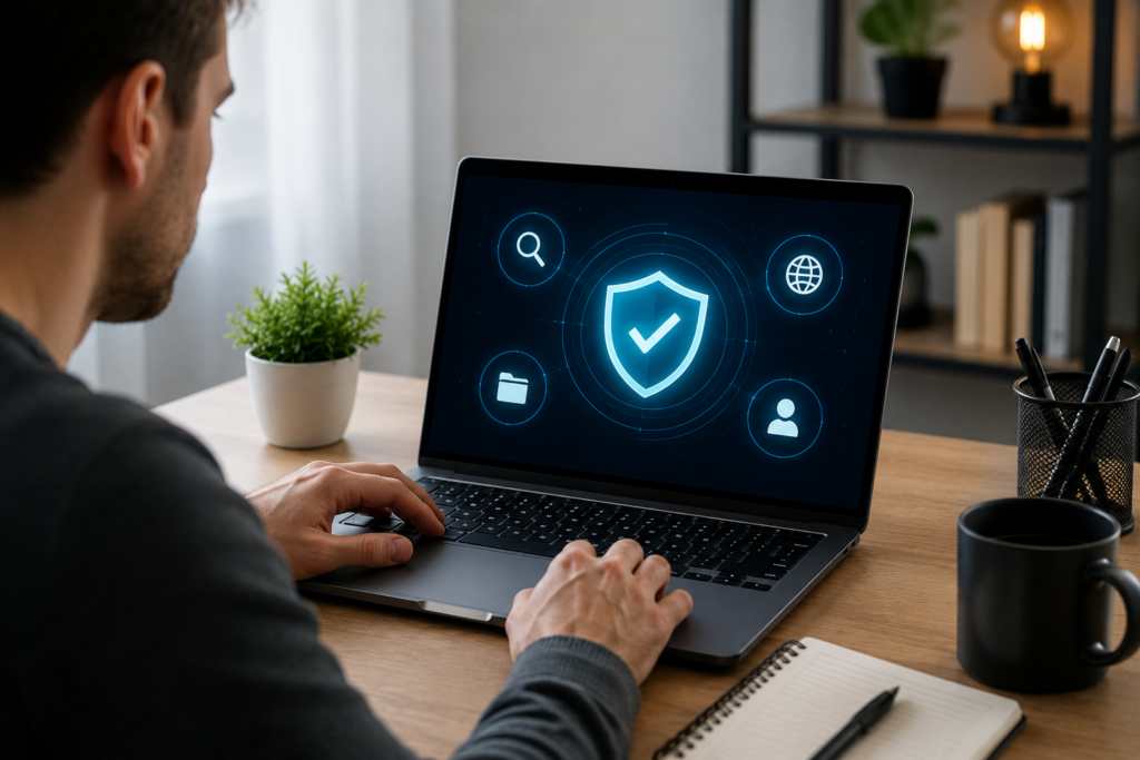 Пользователь проверяет защиту файлов и безопасность Windows 11 на ноутбуке