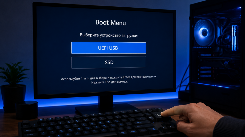 Boot Menu с выбранным пунктом UEFI USB на экране компьютера