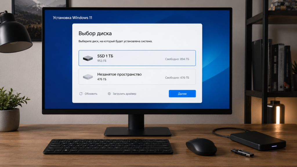 Экран выбора диска и разделов при установке Windows 11 на SSD
