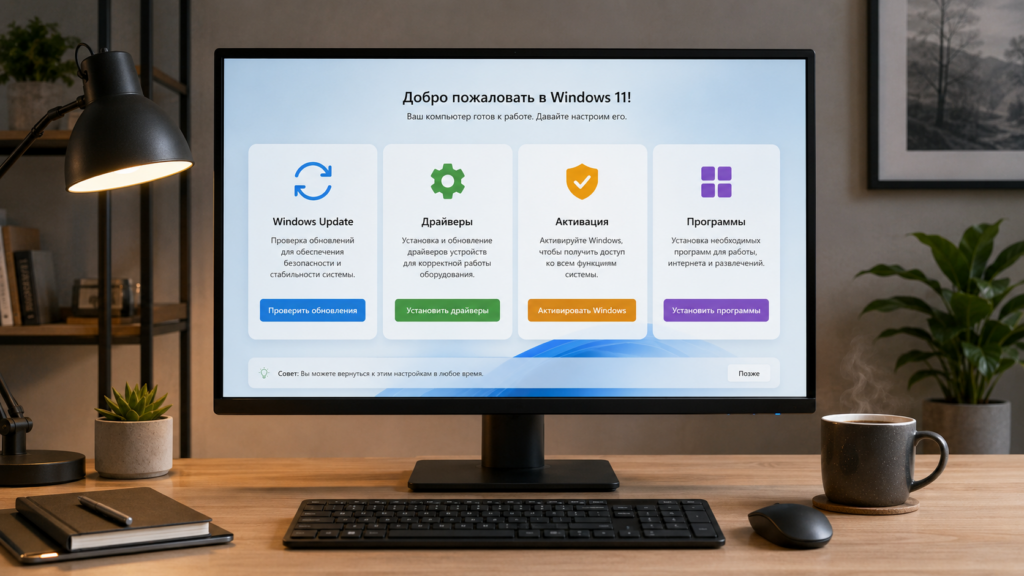 Рабочий стол Windows 11 после установки с открытым Windows Update и драйверами