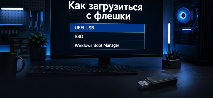 Экран Boot Menu с выбранным USB-накопителем на компьютере