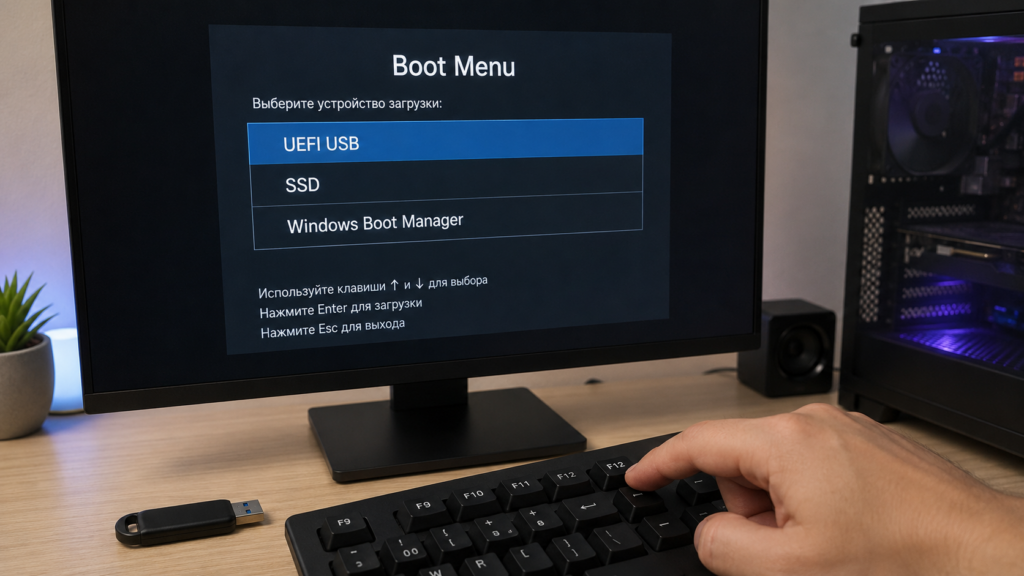 Пользователь выбирает USB-накопитель в меню загрузки компьютера