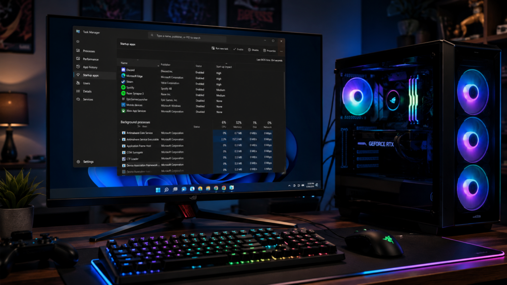 диспетчер задач Windows 11 с автозагрузкой и фоновыми процессами на игровом ПК
