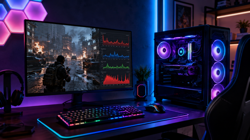 диагностика просадок FPS в игре на ПК с графиками производительности и RGB-подсветкой