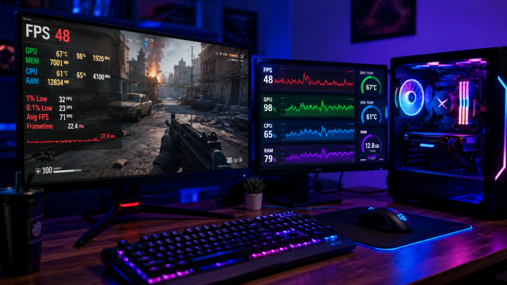 резкое падение FPS в игре на ПК с графиком загрузки CPU, GPU и RAM