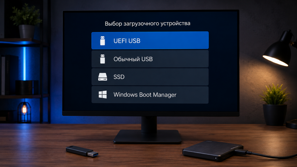 Меню загрузки с выбранным пунктом UEFI USB и внутренним SSD