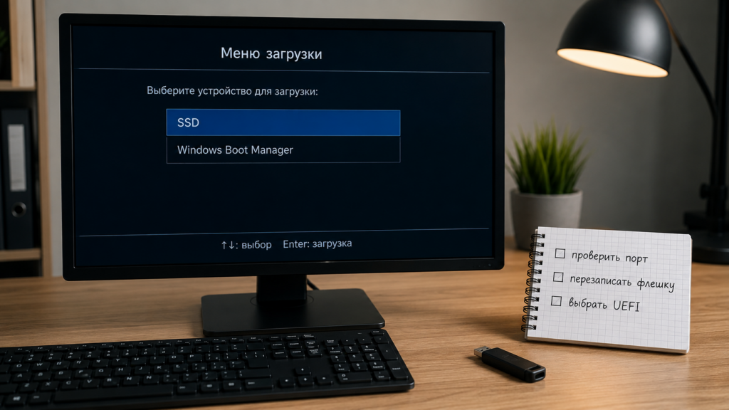 Экран меню загрузки без USB-накопителя и флешка рядом с компьютером