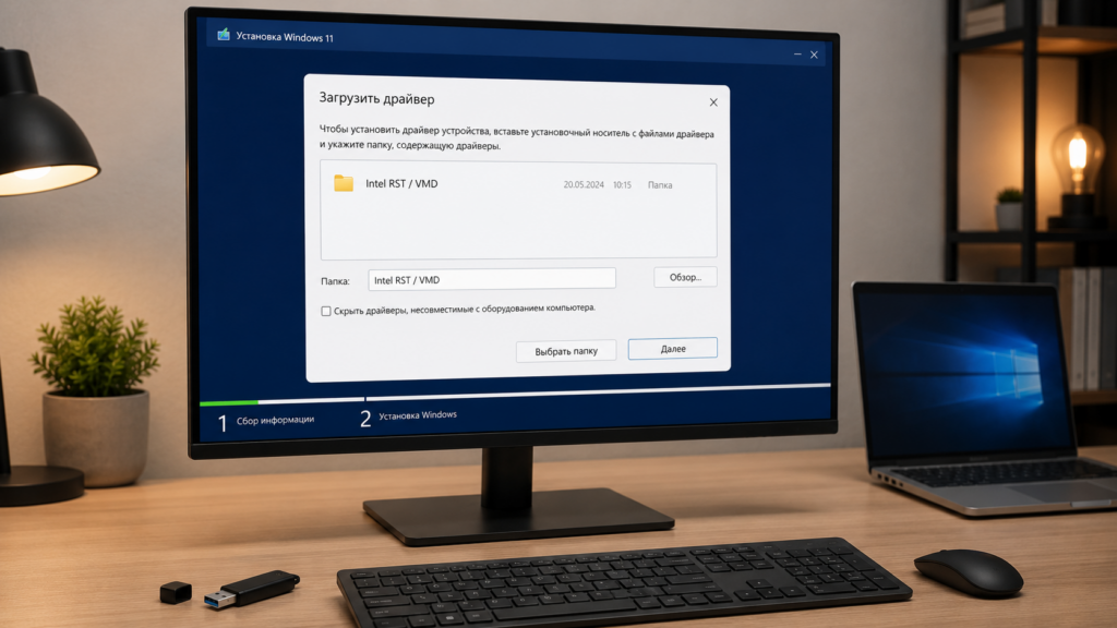 Окно загрузки драйвера накопителя при установке Windows 11