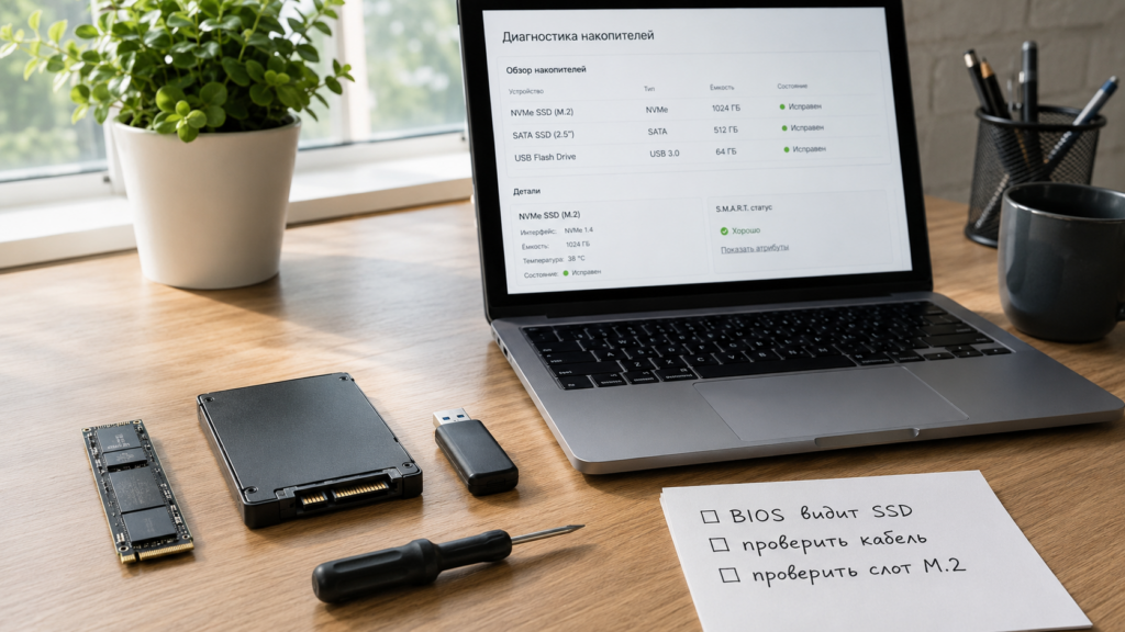 NVMe SSD, SATA SSD и USB-флешка на рабочем столе перед установкой системы