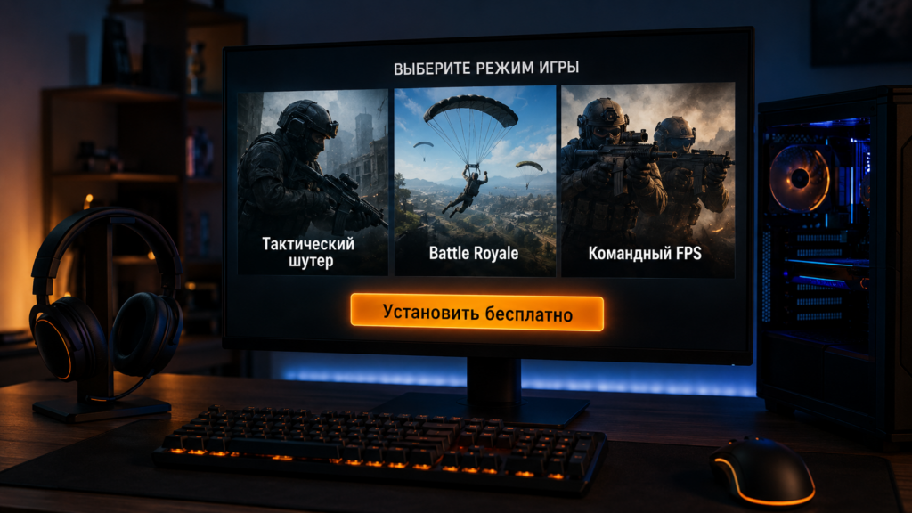 Игровой ПК с экраном выбора бесплатного шутера для установки