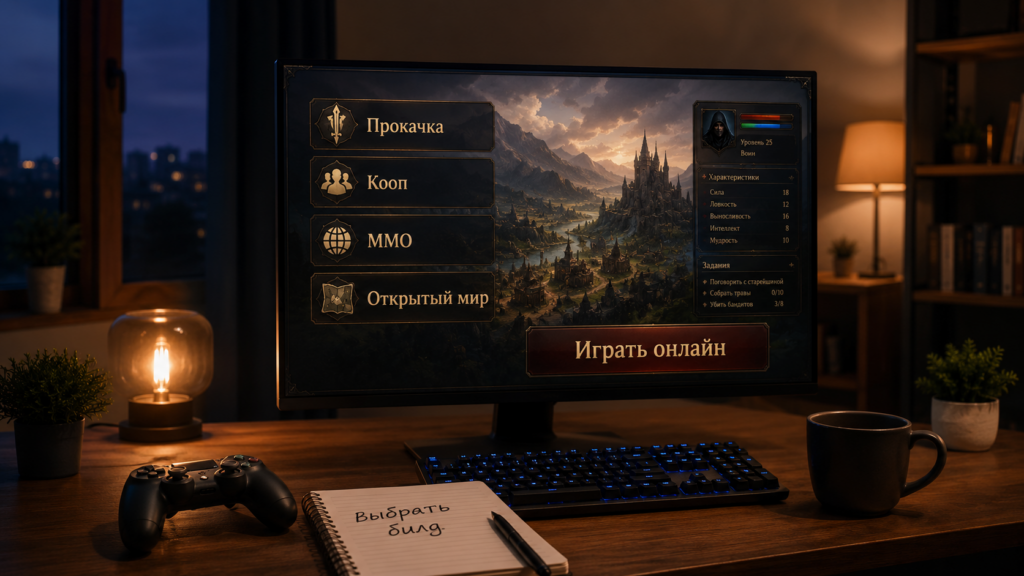 Экран выбора онлайн-RPG с прокачкой персонажа и кооперативом